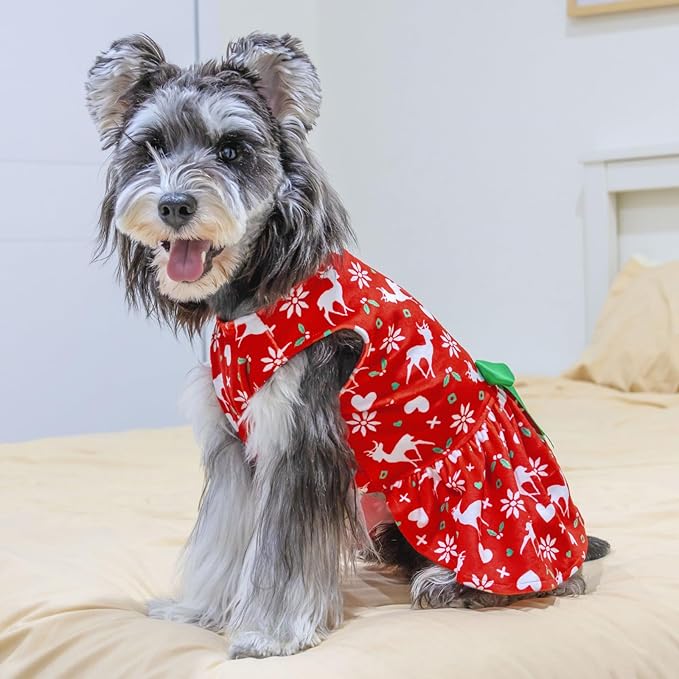 CuteBone Dog Christmas Dresses Outfit Velvet Holiday Small Dogs Clothes Onesie Pet Apparel Girl Puppy Skirt with Bow Hair Rope CVA31XS