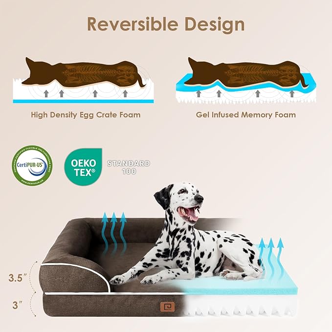 EHEYCIGA Orthopedic Dog Beds for Extra Large Dogs, Waterproof Memory Foam XXL Dog Bed with Sides, Non-Slip Bottom and Egg-Crate Foam Big Pet Couch Bed with Washable Removable Cover, Brown