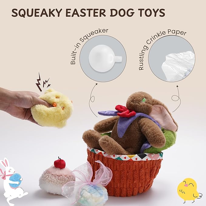 Nocciola 5 Pack Easter Dog Toys with a Basket - Durable Stuffed Plush Dog Squeaky Puppy Toys for Small, Medium and Large Breeds, Easter Gift with Easter Egg & Rabbit & Chick & Cake
