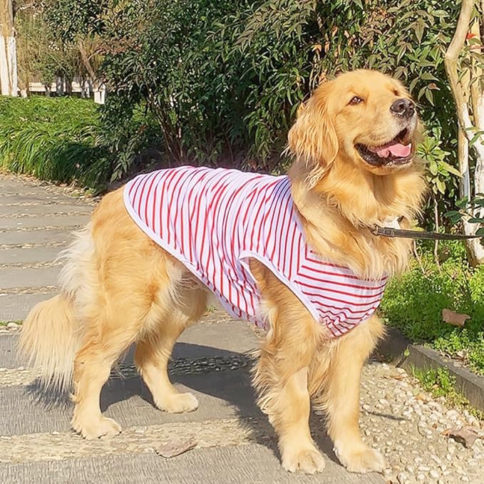 ANIAC Summer Large Dog Shirt for Girl Boy Red White Striped Cotton Dog T-Shirt Breathable Basic Tank Top Sleeveless Doggy Vest Cooling Pet Clothes for Big Dog 44-55 LB (Red-1, 5XL)
