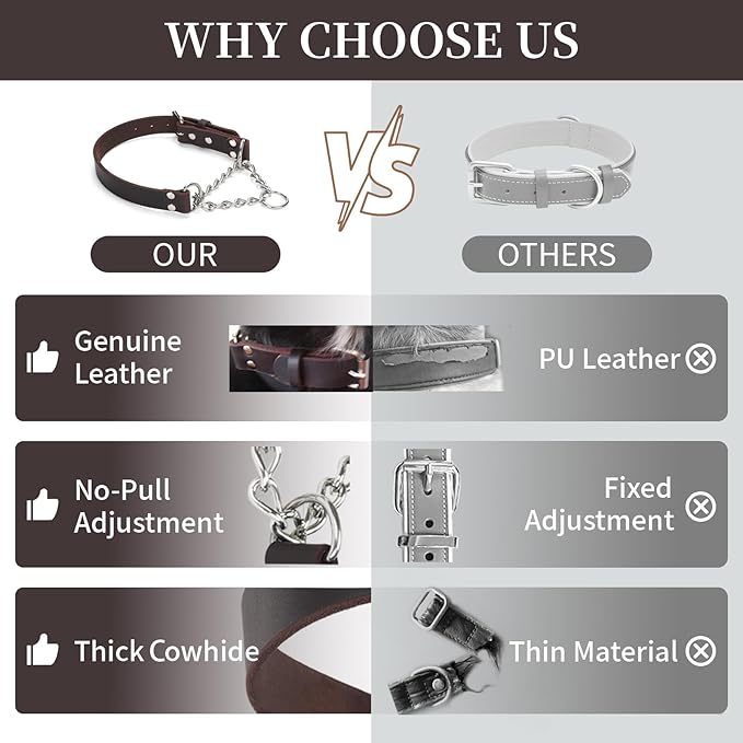 Martingale Collar for Dogs No-Pull Adjustable Training Collar with Stainless Steel Chain - Genuine Leather Anti-Slip Design for Small,Medium,Large Breed Dogs - Brown (S)