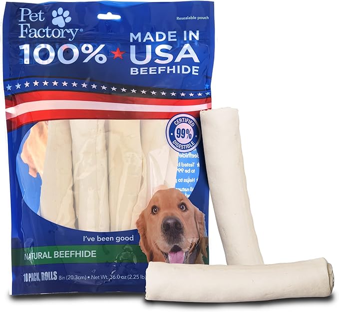 Pet Factory 100% Made in USA Beefhide 8" Rolls Dog Chew Treats - Natural Flavor, 10 Count/1 Pack