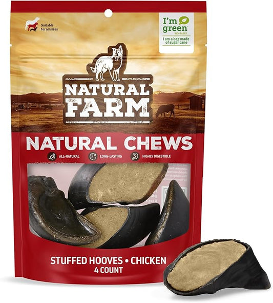Natural Farm Chicken Filled Cow Hooves for Dogs (4-Pack), Long-Lasting Natural Hoof Beef Bone Treats, Best for Small, Medium & Large Dogs
