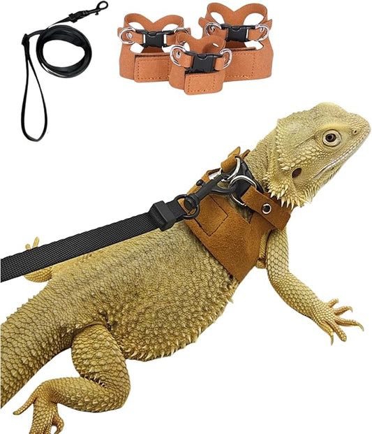 3 Pack Bearded Dragon Harness and Leash Set - Adjustable Soft Leather Lizard Harness Leash Small Animal Traction Rope Training Walking Vest Accessories for Reptile Squirrel Rat (Brown)