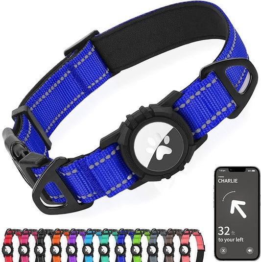 Joytale Airtag Dog Collar, Dual D-Rings, Reflective Pet Collar with Waterproof AirTag Holder, Soft Padded Adjustable for Large Dogs, Navy Blue, L