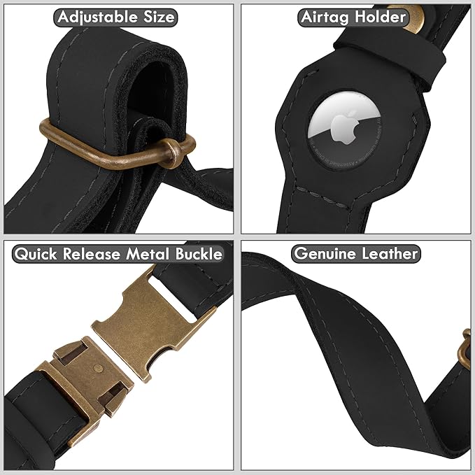 AirTag Dog Collar - Genuine Leather Dog Collar with Apple AirTag Holder and Metal Buckle - Smart GPS Tracking Pet Collars for Small Medium Large Dogs Puppy (Black, M, 14"-18" Neck Fit)