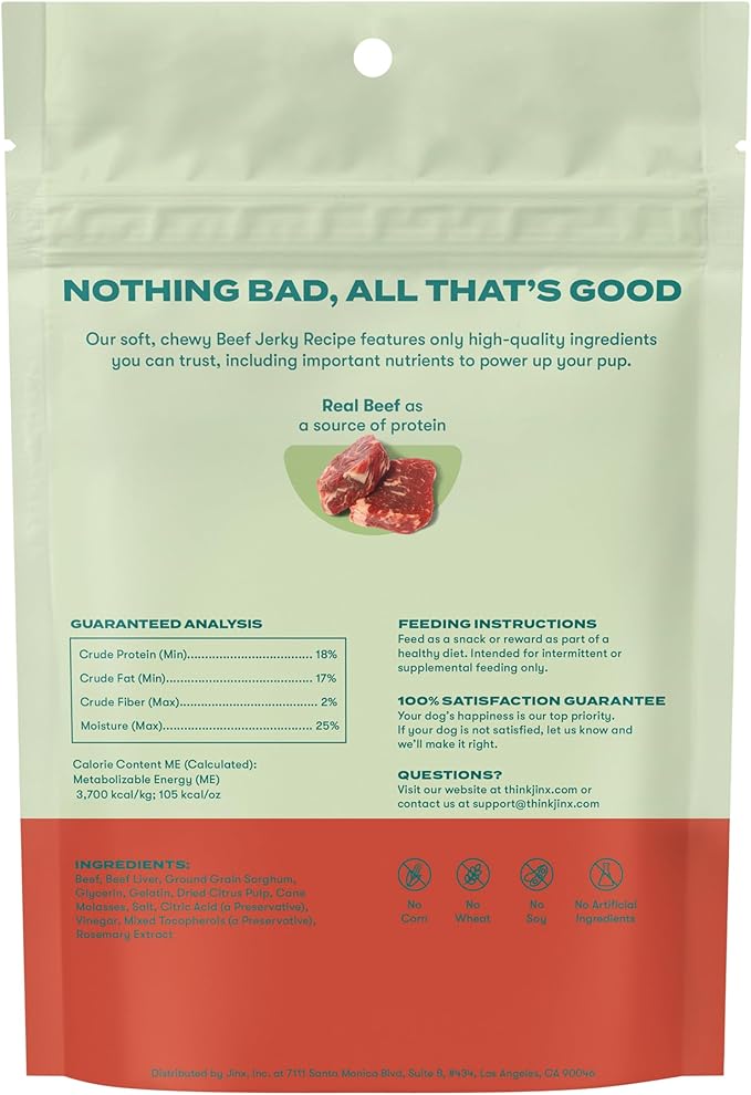 Jinx Tenders Beef Jerky Dog Treats, All Natural Ingredients, Soft and Chewy, Low-Calorie, Slow-Smoked Beef & Liver, No Fillers, 5oz