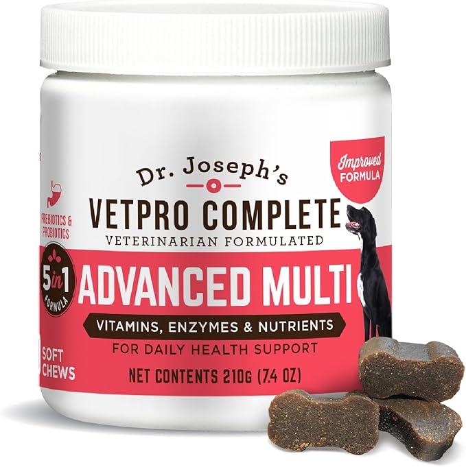 Dr. Joseph's VetPro Complete Multivitamin Dog Supplement, 60 Count, 5 in 1 Chew with Vitamins, Enzymes & Nutrients,Glucosamine for Hip and Joint Health, Immune System and Allergy Support