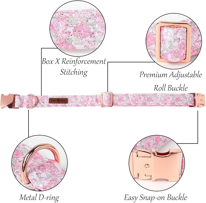 Lionet Paws Floral Dog Collar, Heavy-Duty Cute Pink Flower Collar with Metal Buckle for Male Female Puppies,Spring Pink Flower, Medium, Neck 13.5-22 inches