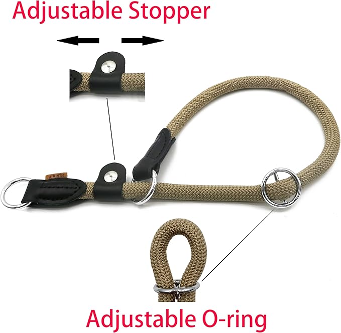 Braided Round Martingale Dog Collar, Training Collar with Slidable Stop Ring and Adjustable Stopper - Ideal for Large Dogs (L(1/2") - 20" Long, Khaki)