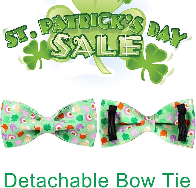 St. Patrick's Dog Collar with Bow Tie, Cotton St. Patrick's Bowtie Collar for Girl Boy Dog, Lucky Shamrock Dog Collar with Metal Buckle, Green, Spring, S
