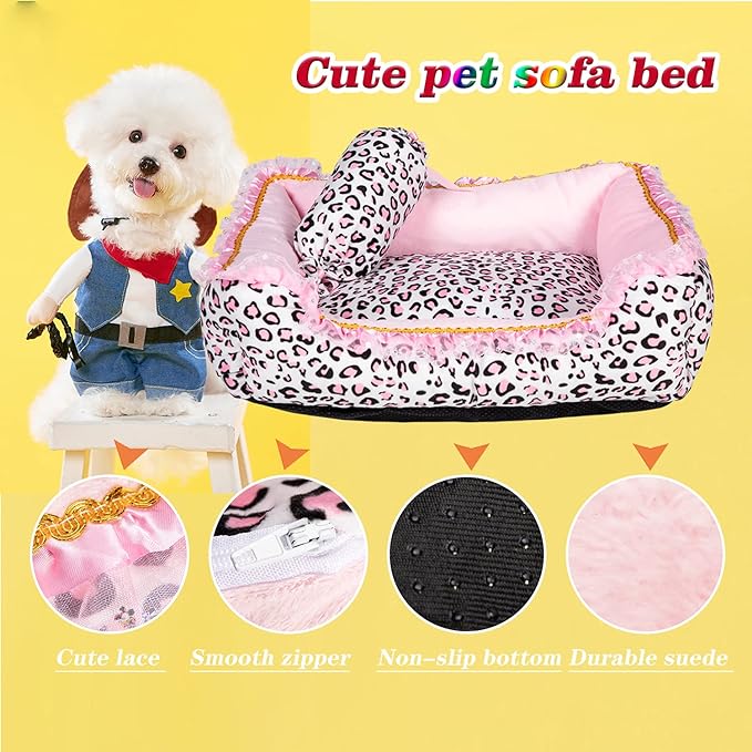 Gigreinc Dog Bed for Small Dogs - Cute Pink Leopard Dog Bed,Cat Beds for Indoor Cats Washable - Square Shape Cat Dog Sofa Bed Pet House Nest Cave(L, 22.0" L x 17.0" W x 6.0" Th