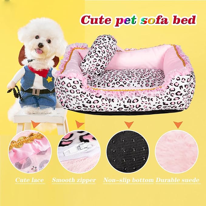 Gigreinc Dog Bed for Small Dogs - Cute Pink Leopard Dog Bed,Cat Beds for Indoor Cats Washable - Square Shape Cat Dog Sofa Bed Pet House Nest Cave(M, 20.8" L x 18" W x 5.5"