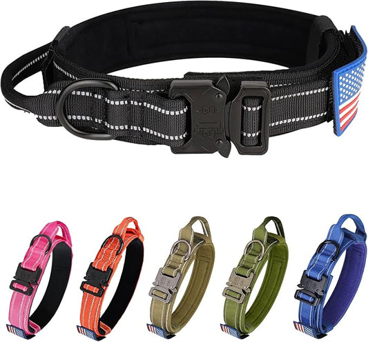 KCUCOP Tactical Dog Collar for Medium & Large Dogs - Military Nylon Heavy Duty Collar with Handle, Reflective Strip & Metal Buckle for Training, Outdoor (Black Reflective, XLarge)