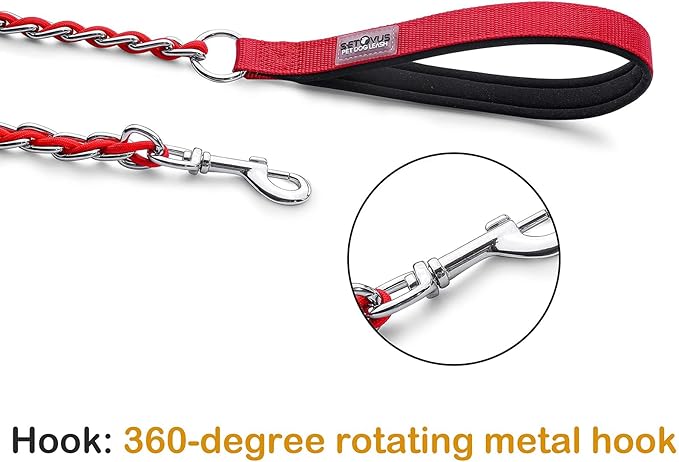 Dog Leash Chew Proof, Chain Leash Anti Chew Dog Leash for Large Dogs Heavy Duty, Indestructible Metal Leash Anti Bite Chain Link with Woven Cord Soft Padded Handle (Red, 5FT)