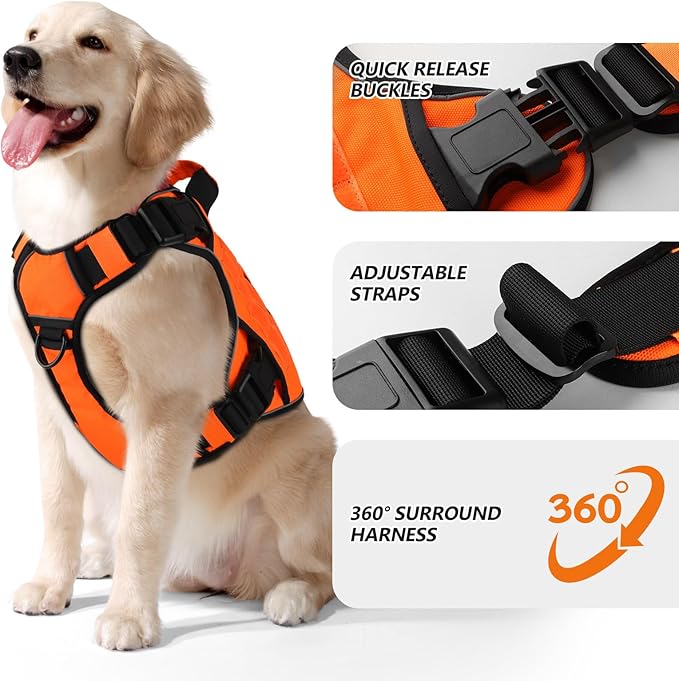 WINGOIN Orange Tactical Dog Harness Vest for Large Medium Dogs No Pull Adjustable Reflective K9 Military Dog Service Harnesses with Handle for Walking, Hiking, Training(M)