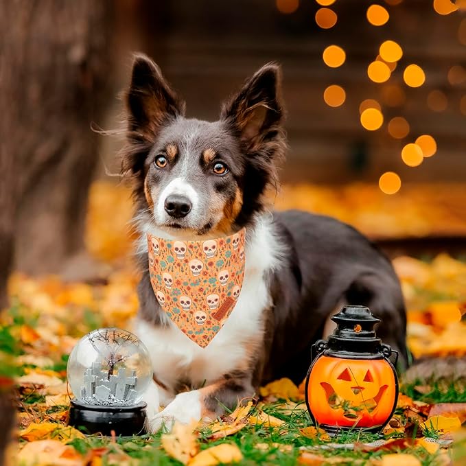 PTDECOR Halloween Dog Bandana, Skeleton Pumpkin Reversible Holiday Dog Scarf, Triangle Halloween Bandanas for Medium Large Dogs Pets (Large)