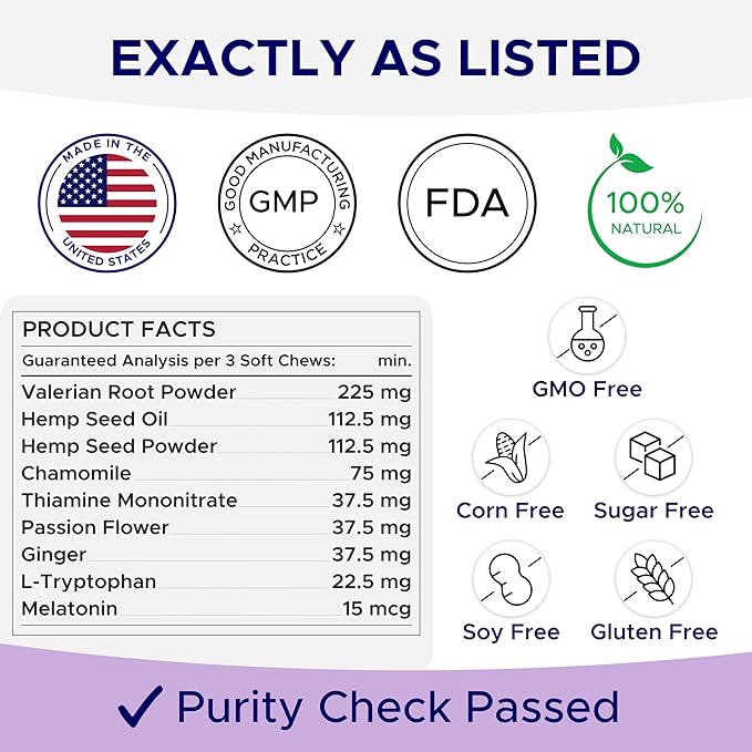 Advanced Calming Chews for Dogs - Hemp Treat + Melatonin + Valerian - Relaxing Bites - Calming Care - Anti-Anxiety & Stress Relief - Made in USA - Calm, Sleep Aid, Storms - 60Ct