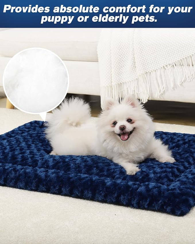 Washable Dog Bed Mat Reversible Dog Crate Pad Soft Fluffy Pet Kennel Beds Dog Sleeping Mattress for Large Jumbo Medium Small Dogs, 29 x 18 Inch, Blue