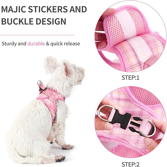 voopet Small Dog Harness and Leash Lightweight Cat Comfort Padded Soft Mesh Vest Step in Dog Harness No Pull No Choke Reflective Small Plaid Girl & Boy Puppy Kitty Walking Harness, Pink L