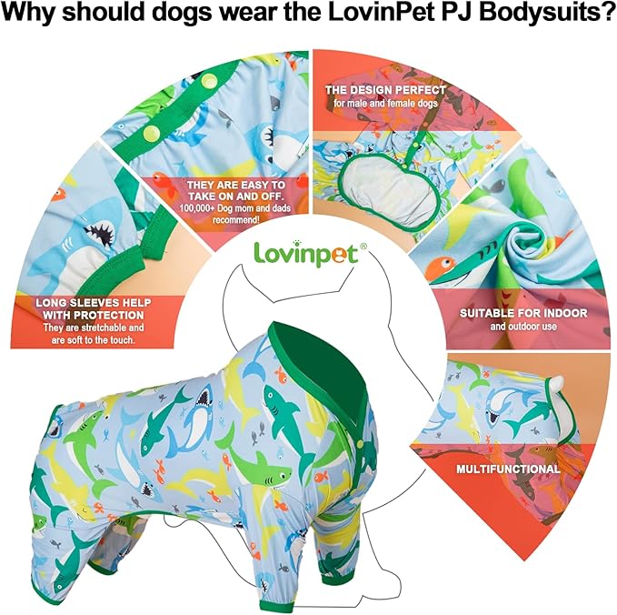 LovinPet Surgical Recovery Shirt for Large Dogs, Undershirt for Dog Coats, Lightweight Stretchy Knit Dog Onesie, Big Bites Turquoise Print, Pitbull Shirt, UV Protection,Stop Shedding for Dogs, 3XL