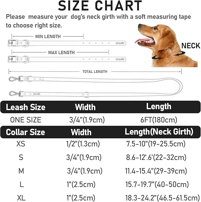 ZALER Dog Collar and Leash Set, Waterproof Adjustable Odor Proof Pet Collars Leashes Easy to Clean, 6FT Dog Leash with 2 Hooks for Large, Medium Small Dogs (M, Black)