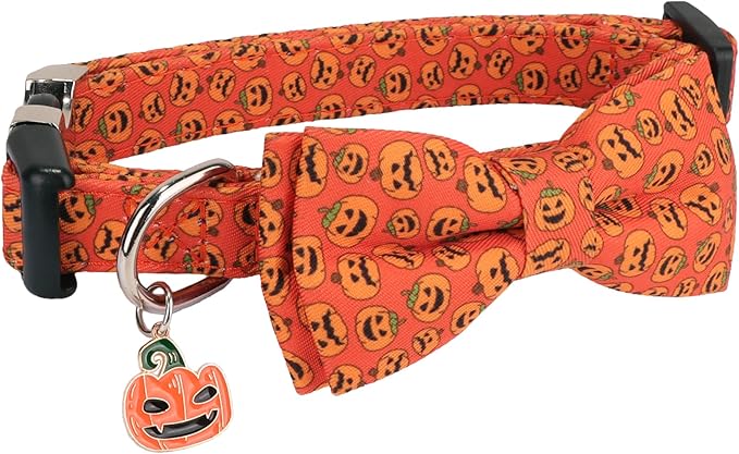 ADOGGYGO Halloween Dog Collar with Detachable Bow, Adjustable Orange Pumpkin Halloween Bowtie Collars for Small Medium Large Dogs (Large)