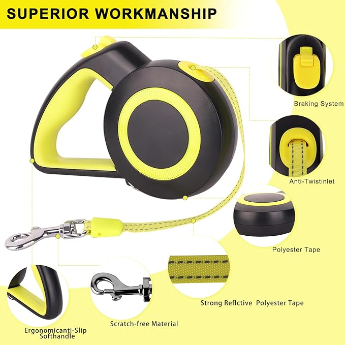 Retractable Dog Leash,Night Reflection,Light Weight Leash for Small to Dogs/Cats,Stainless Steel Spring,Strong Nylon Tape, One-Handed Brake (Black-Yellow)