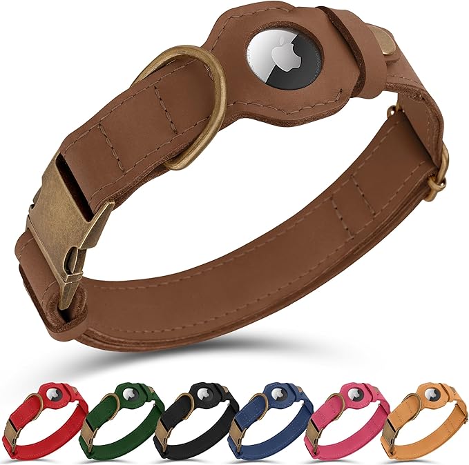 AirTag Dog Collar - Genuine Leather Dog Collar with Apple AirTag Holder and Metal Buckle - Smart GPS Tracking Pet Collars for Small Medium Large Dogs Puppy (Tawny, S, 12"-15" Neck Fit)