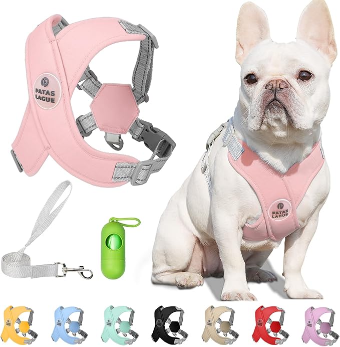 Patas Lague Dog Harness with Leash Set Adjustable Soft Padded Step-in Dog Vest No Choke No Pull Reflective for Medium Pets with Poop Bags and Dispenser, Solid and No-chew, Pink L