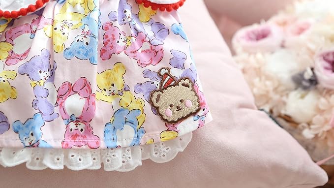 Elegant Princess Bear Printed Dress Cotton Tutu with Rabbit Ears for Small, Extra Small Dog Teddy, Pug, Chihuahua, Shih Tzu, Yorkshire Terriers Pink M