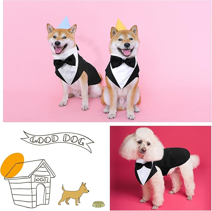 Weewooday Dog Tuxedo and Bandana Set Dogs Formal Tuxedo PET Wedding Party Suit Wedding Bow Tie Shirt for Christmas Halloween Birthday Costumes(Cute Style,Large)