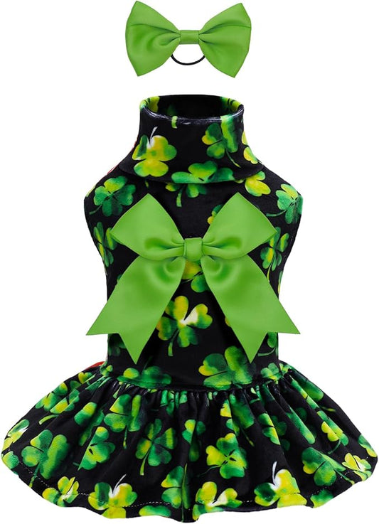 CuteBone Turtleneck Dog Velvet Dress St. Patrick's Day Four Leaf Clover Puppy Skirt Costume Pet Clothes Cat Apparel with Bow Hair Rope for Small Dogs CVD20XS