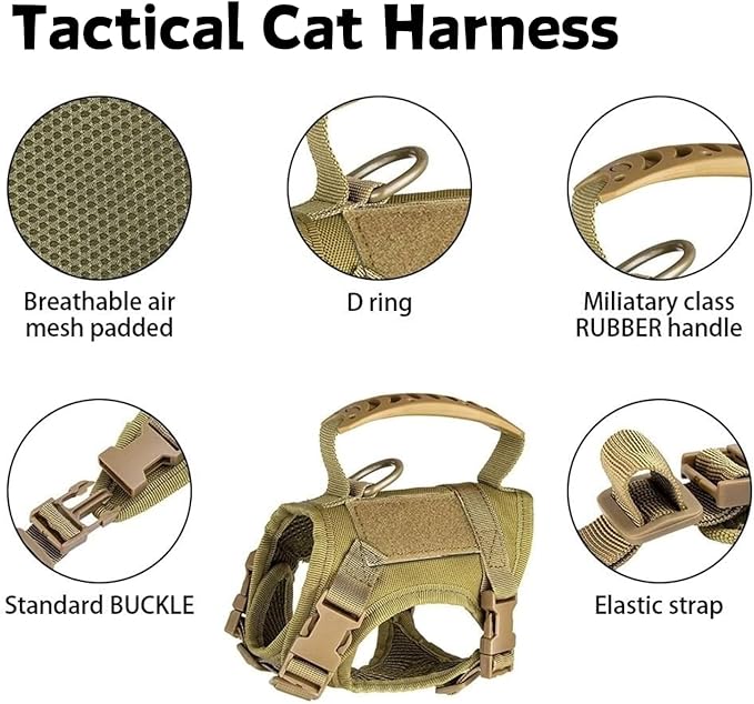 Tactical Cat Harness and Leash Set for Walking Escape Proof Adjustable Large Cat Vest Harness with Patches Soft Mesh Padding Rubber Handle Easy to Control (Khaki Harness & Leash)