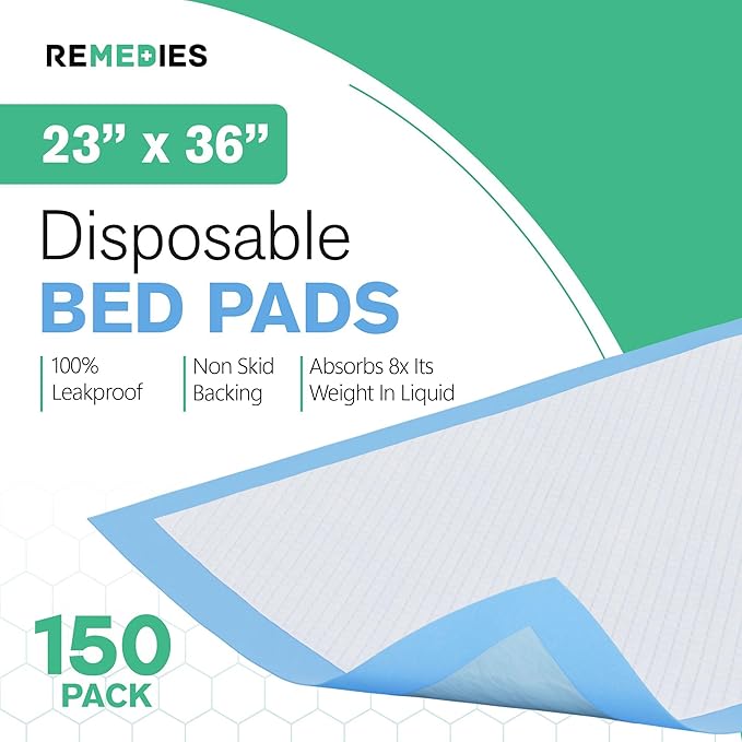 Remedies Disposable Bed Pads – 23" x 36", Large Incontinence Underpads for Adults, Seniors, Kids & Pets – 150 Count, Absorbent Chux Pads for Beds, Furniture & Dog Training