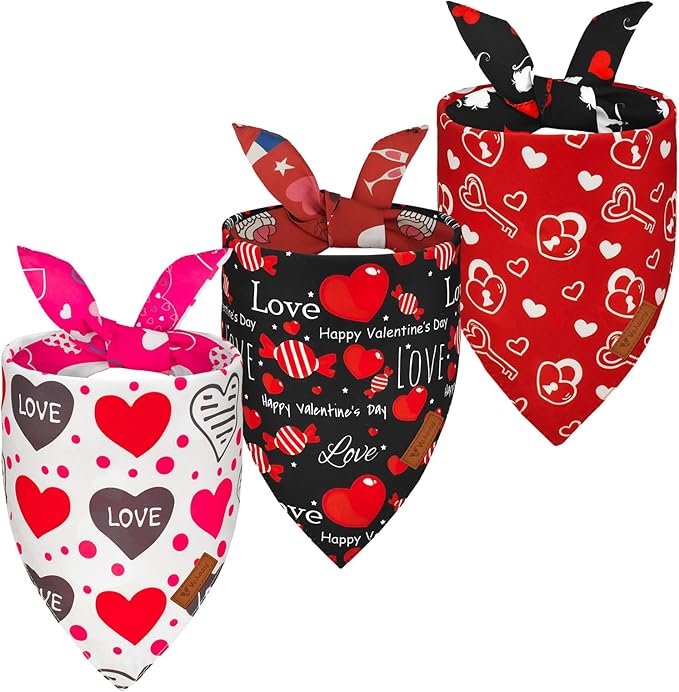 Vehomy 3-Pack Valentine's Day Dog Bandana Reversible Dog Bandanas Love Heart Dog Scarfs Cat Triangular Bibs Pet Valentine Love Bandanas Scarves for Small Medium Large Dogs S