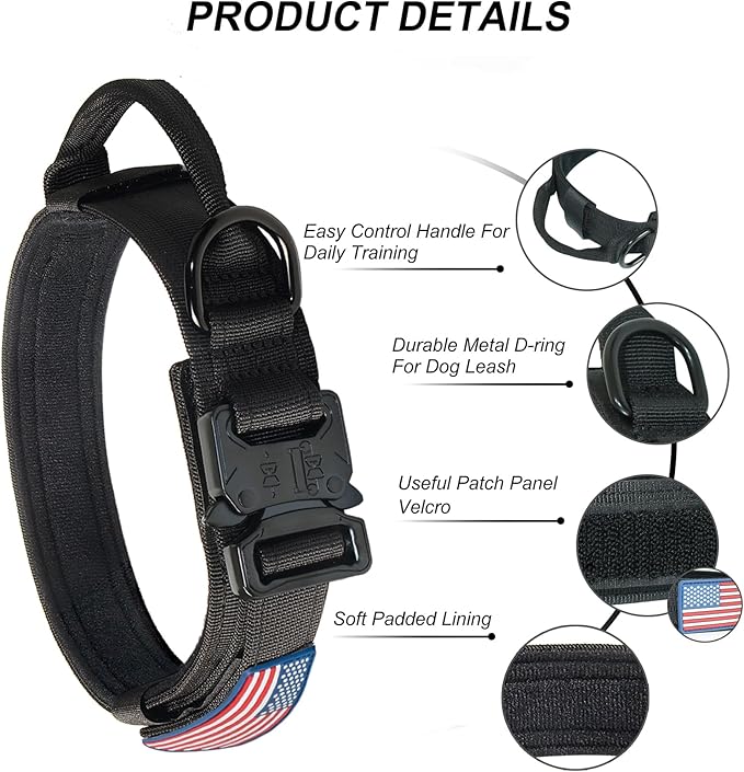 Hotsky Tactical Dog Collar, Adjustable Military Training Nylon Airtag Collar with Handle and Heavy Duty Metal Buckle for Medium Large Dogs, with Airtag Holder and Two Patches(Black,L)