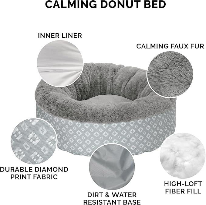 Furhaven 23" Round Donut Dog Bed for Indoor Cats & Small Dogs, Washable, For Dogs Up to 20 lbs - Plush & Diamond Print Donut Bed - Gray, Small