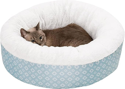 Furhaven 23" Round Donut Dog Bed for Indoor Cats & Small Dogs, Washable, For Dogs Up to 20 lbs - Plush & Diamond Print Donut Bed - Aqua, Small