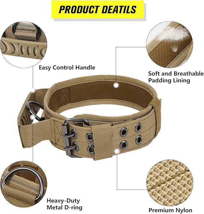 Tactical Dog Collar with Handle - Military Adjustable Dog Training Collar Soft Nylon and Heavy Duty Metal Buckle for Medium Large Dogs - with Patch (Brown with Patch, Large)