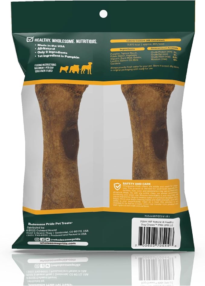 Wholesome Pride Natural & Healthy Pumpkin Highly Digestible Dog Chews, Large - 2 Pack