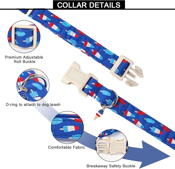 Lionet Paws 4th of July Dog Collar- Cute Blue Red Popsicle Dog Collars with Plastic Buckle and Icecream Pendant, Light Adjustable Dog Collars for Small Dogs