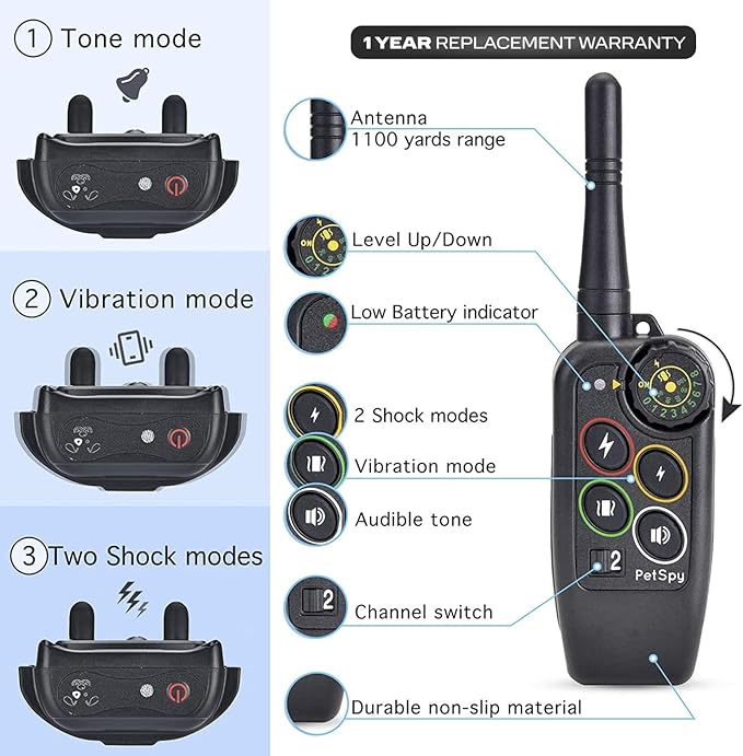 PetSpy M686 Premium Dog Training Shock Collar, 1100 Yards, Medium to Large Dogs, with Vibration, Electric Shock and Beep, Waterproof, Remote Trainer (Two Dogs)