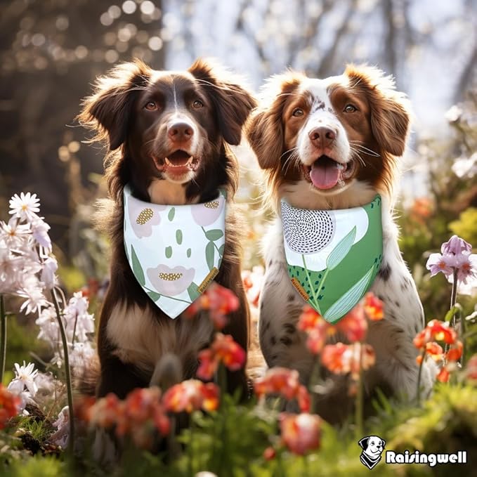 Summer Dog Bandanas 2 Pack, 4 Pattern Reversible Dog Bandana, Adjustable, Washable, Summer Floral Triangle Scarf for Small to Medium Breed Dogs, boy and Girl (Small)