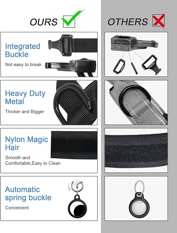 Hotsky Tactical Dog Collar, Adjustable Military Training Nylon Airtag Collar with Handle and Heavy Duty Metal Buckle for Medium Large Dogs, with Airtag Holder and Two Patches(Black,L)