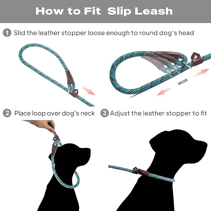 TwoEar Dog Slip Rope Leash - 6FT Heavy Duty Training Leash with Reflective Threads for Small to Large Dogs (Slim 3/8''x6ft, Blue)