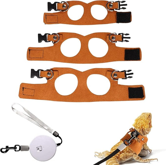 Bearded Dragon Harness and Leash Set, 3 Sizes Super Leather Vest with Retractable Rope, Brown