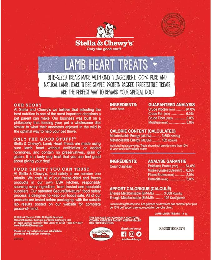 Stella & Chewy's Freeze-Dried Raw Lamb Heart Dog Treats - Single Ingredient, No Additives - Premium Training Treats - Perfect For Picky Eaters - 3oz Bag