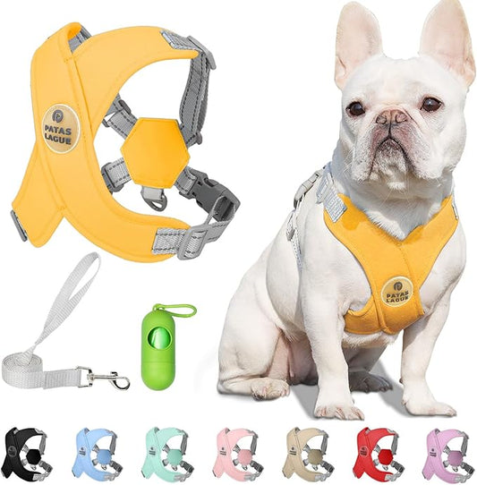 Patas Lague Dog Harness with Leash Set Adjustable Soft Padded Step-in Dog Vest No Choke No Pull Reflective for Small Pets with Poop Bags and Dispenser, Solid and No-chew, Yellow XS