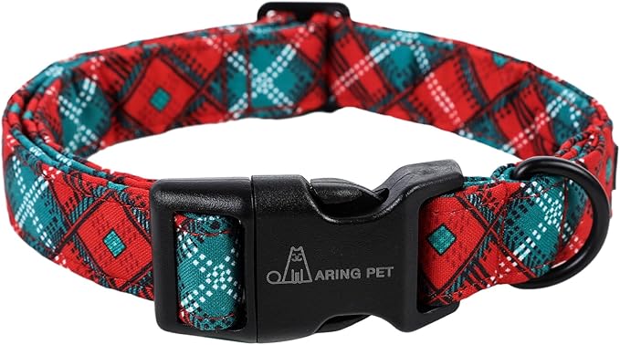 ARING PET Christmas Dog Collar-Cotton Lightweight Red Green Plaid Dog Collars, Adjustable Christmas Pet Collar Puppy Collars with Quick Release Buckle